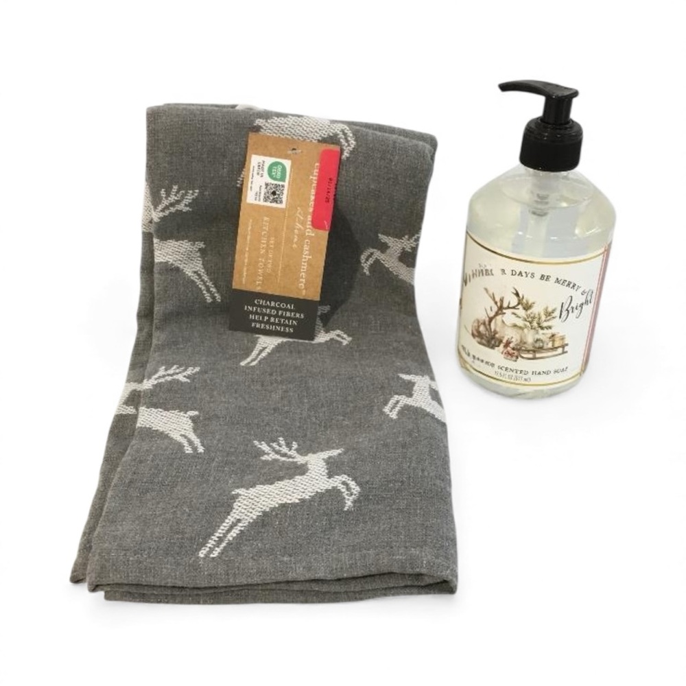 Charcoal Reindeer Hand Towel w/ Mistletoe Scented Hand Soap